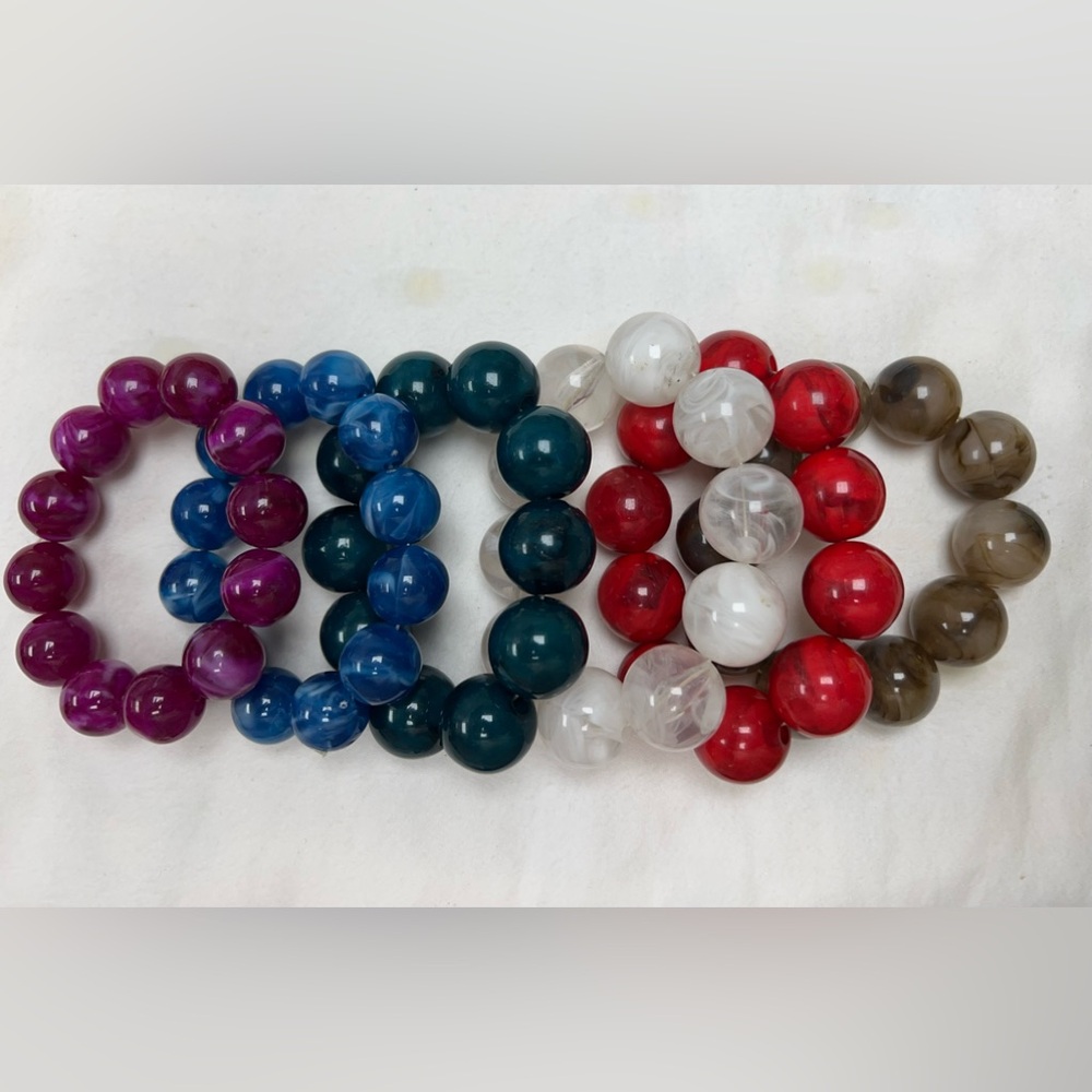 6 Colored Beaded Stretch Bracelets Red, Green, Ivory, Blue, Maroon and Brown